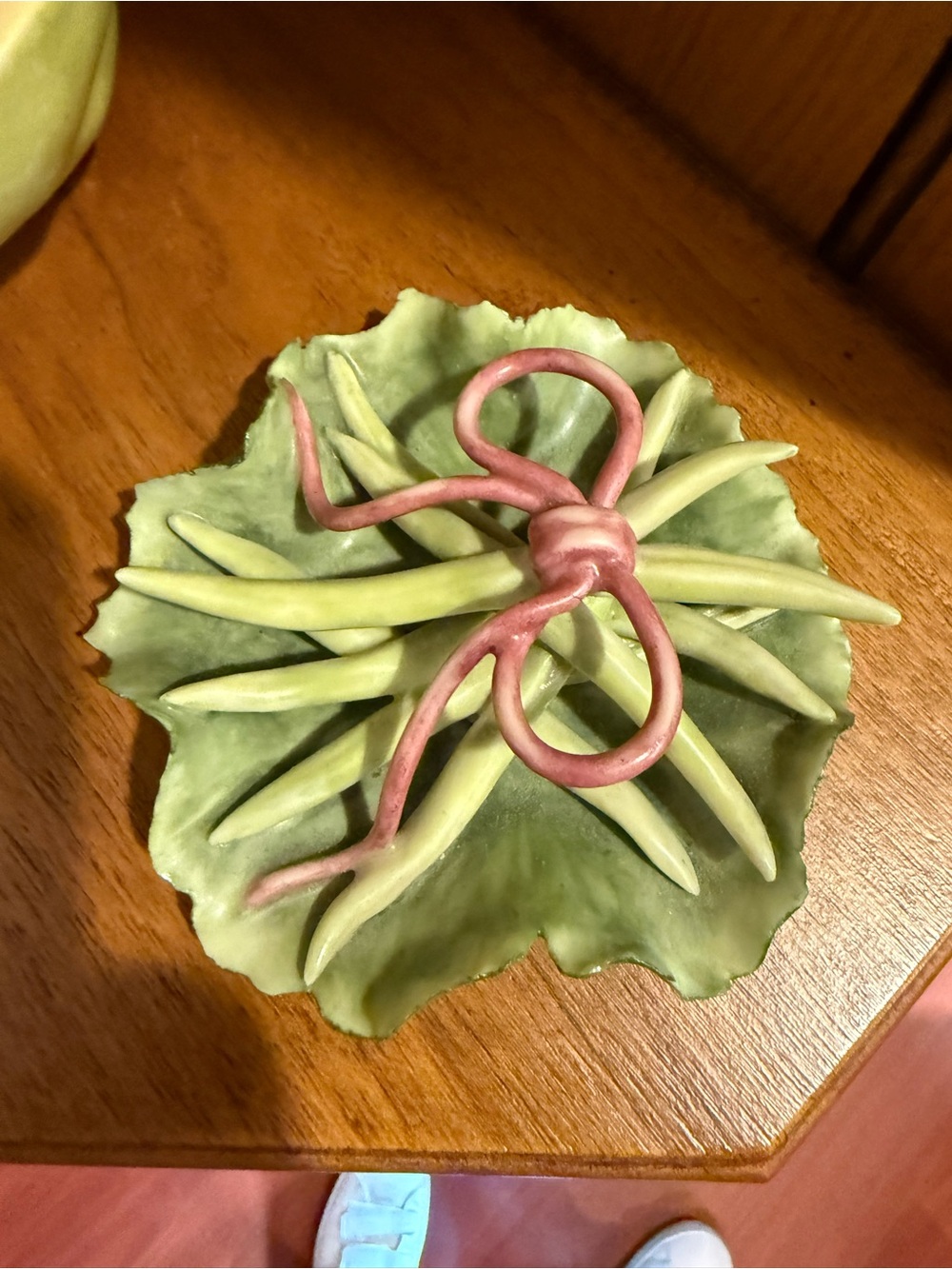Katherine Houston Green Ceramic Leaf Dish with Pink Ribbon Accent
